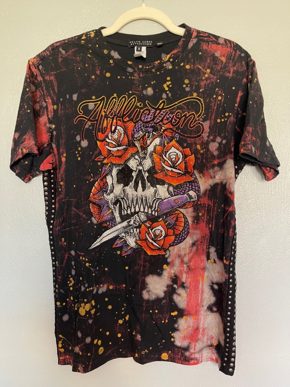 Affliction Black Label Skull Rose Rhinestone Tee Small Gothic Y2K